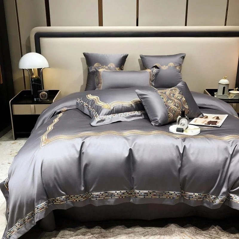 

Deep Gray Wave Gold Embroidery Luxury Bedding set Silky Soft 4Pcs 1000TC Egyptian Cotton Duvet Cover Bed Sheet Pillowcases