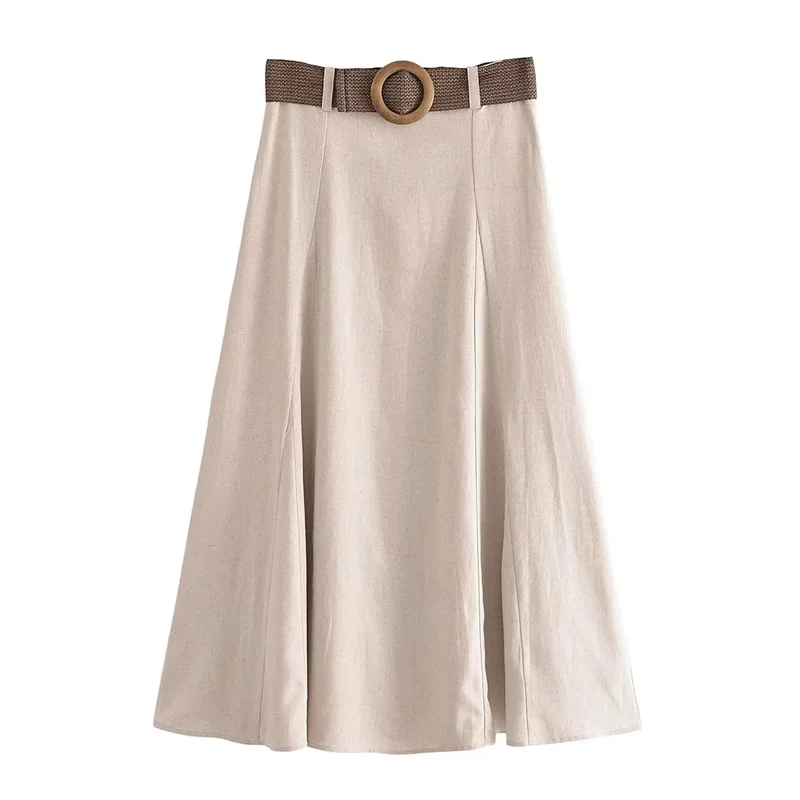 

TRAF Belted A-Line Skirt For Women Summer High-Waisted Belt Detail Fashion Skirt Elegant Hidden In-Seam Zip Closure Party Skirt