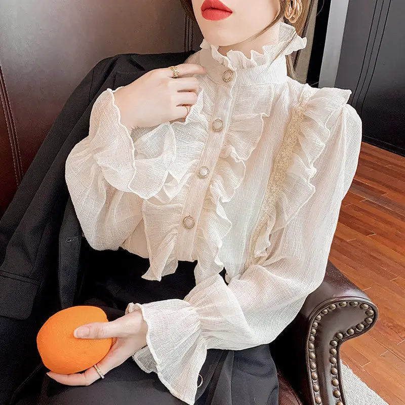 Fashion Korean Blouses Women Blusas Stand Neck Chiffon Shirts Long Sleeve Ruffles Lace Blouses Vintage Elegant Femme Tops Z105
Fashion Korean Blouses Women Blusas Stand Neck Chiffon Shirts Long Sleeve Ruffles Lace Blouses Vintage Elegant Femme Tops Z105