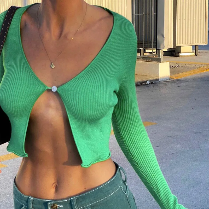 Solid Color Waisted V-neck Long-sleeve Single-button Cardigan Crop Top Shirts for Women Egirl Y2k Shirt Green Tops 2022 Spring
Solid Color Waisted V-neck Long-sleeve Single-button Cardigan Crop Top Shirts for Women Egirl Y2k Shirt Green Tops 2022 Spring