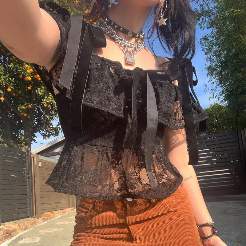 WeiYao Bandage Dark Cute Lace Top T-shirt Solid Y2K Aesthetic Streetwear White Vintage Tshirt Women Grunge Ruffles Straps 2022
WeiYao Bandage Dark Cute Lace Top T-shirt Solid Y2K Aesthetic Streetwear White Vintage Tshirt Women Grunge Ruffles Straps 2022