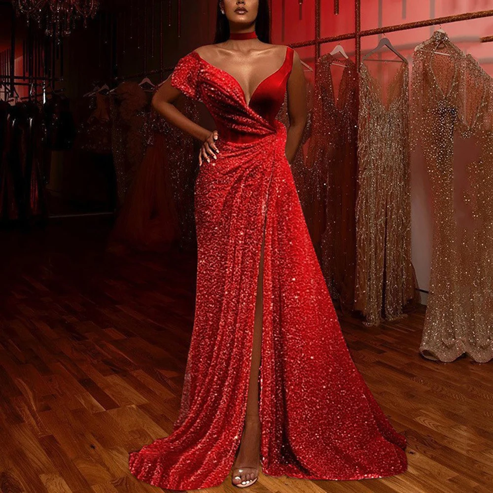 Modern Sequined Prom Dress V-Neck Off The Shoulder Vestido De Novia 2022 Sweep Train Backless High Split Gown High Quality
Modern Sequined Prom Dress V-Neck Off The Shoulder Vestido De Novia 2022 Sweep Train Backless High Split Gown High Quality