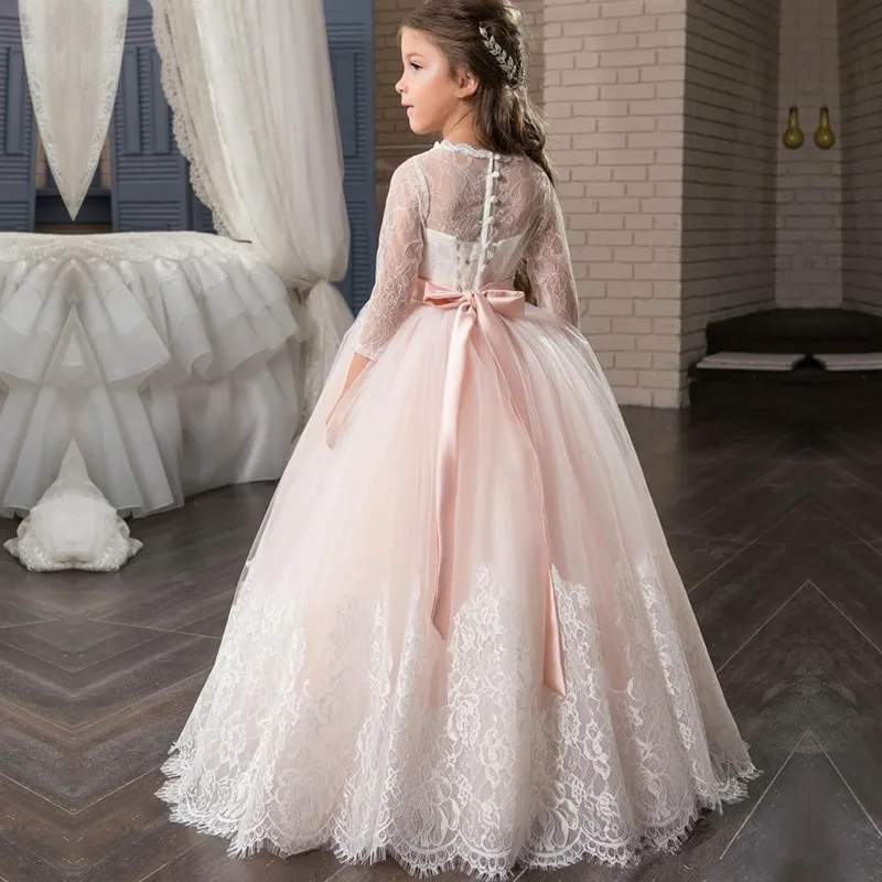 

Formal Cheap Flower Girls Dresses For Wedding Beautiful Holy First Communion Long Sleeve Crystal Sash Puffy Prom Gown For Girls
