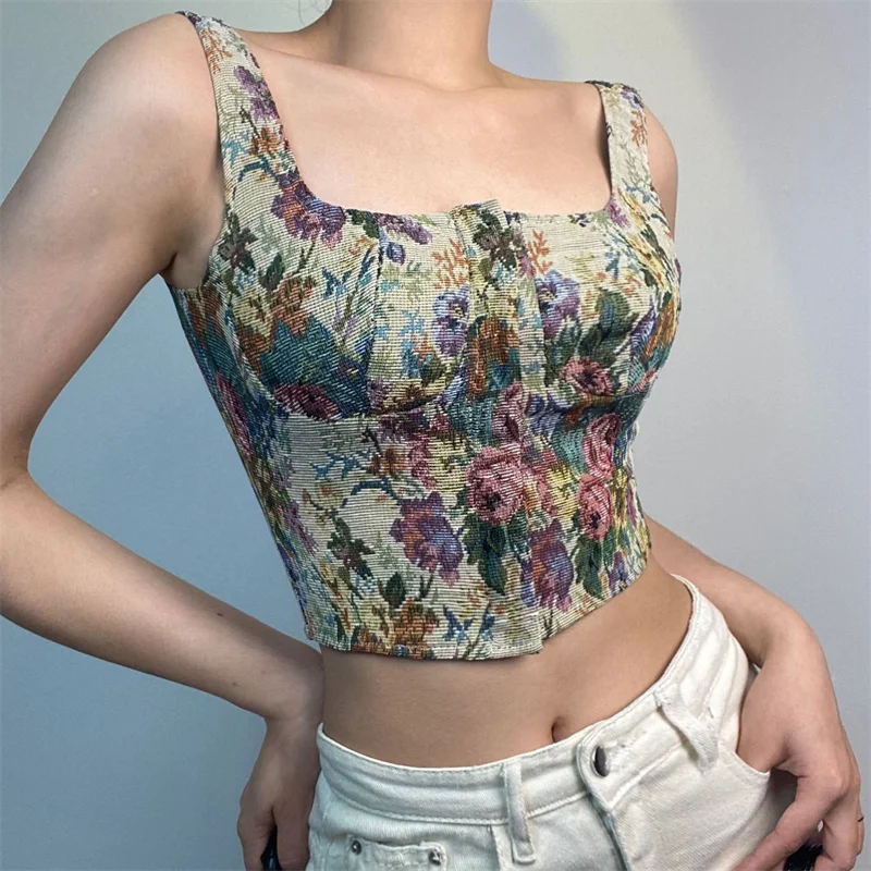 Summer Vintage High Street Corset Women Lowctut Square Neck Sleeveless Push-up Front Buckle Crop Tops Floral Slim Suspender Vest
Summer Vintage High Street Corset Women Lowctut Square Neck Sleeveless Push-up Front Buckle Crop Tops Floral Slim Suspender Vest