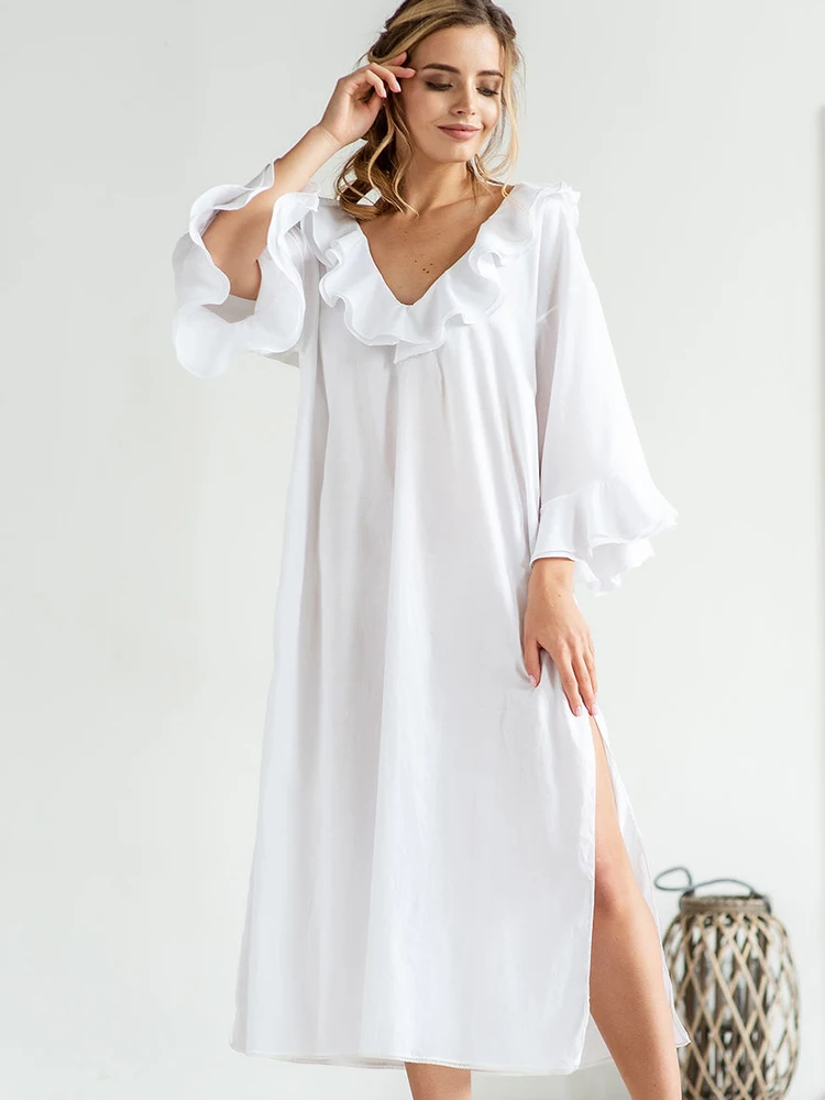 Linad White Night Dress Women Loose Peplum Three Quarter Sleeve V Neck Sleepwear Female Casual 2022 Winter Woman Dresses Cotton
Linad White Night Dress Women Loose Peplum Three Quarter Sleeve V Neck Sleepwear Female Casual 2022 Winter Woman Dresses Cotton