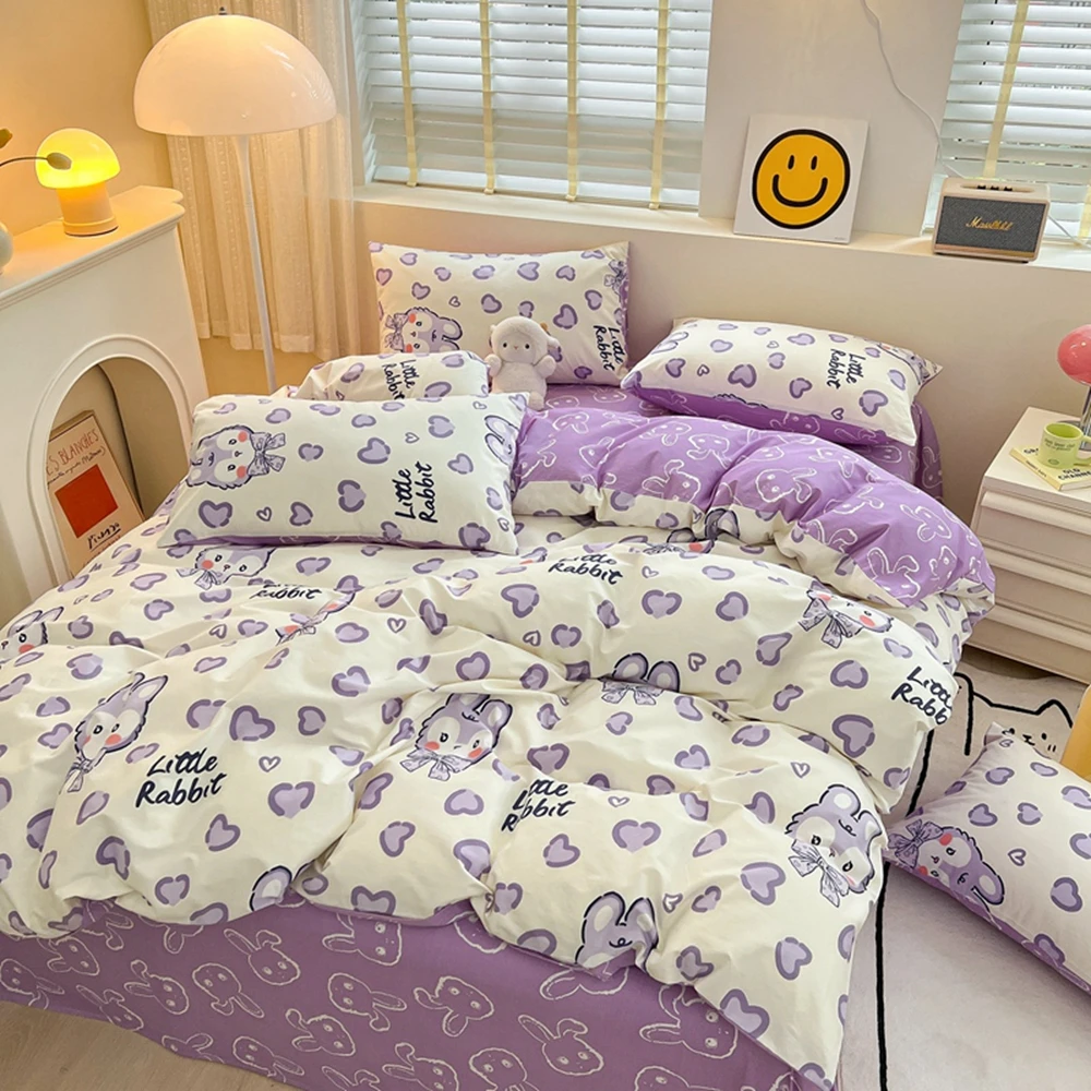 

Purple Color Cartoon Print Duvet Cover 100%Cotton Flower Printed housse couette for Girl And Boy Pure Cotton Bed Cover Queen