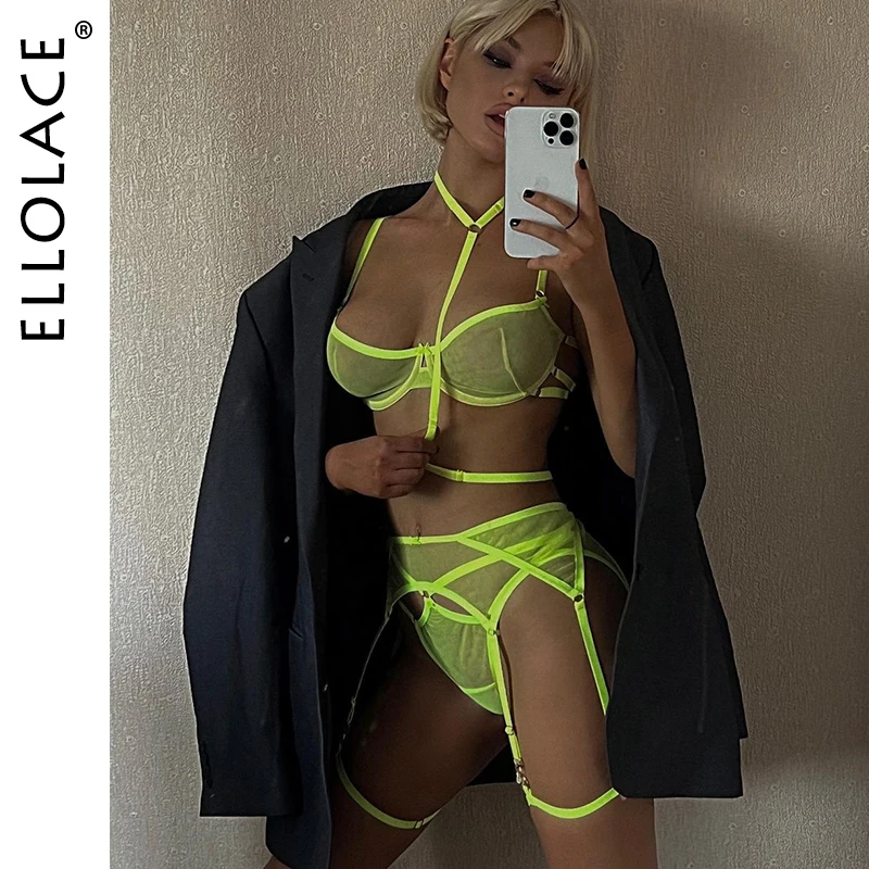 

Ellolace, неоново-зеленое женское нижнее белье, бесшовное нижнее белье, 4 предмета, чувственный прозрачный бюстгальтер и трусики, комплект, изыс...