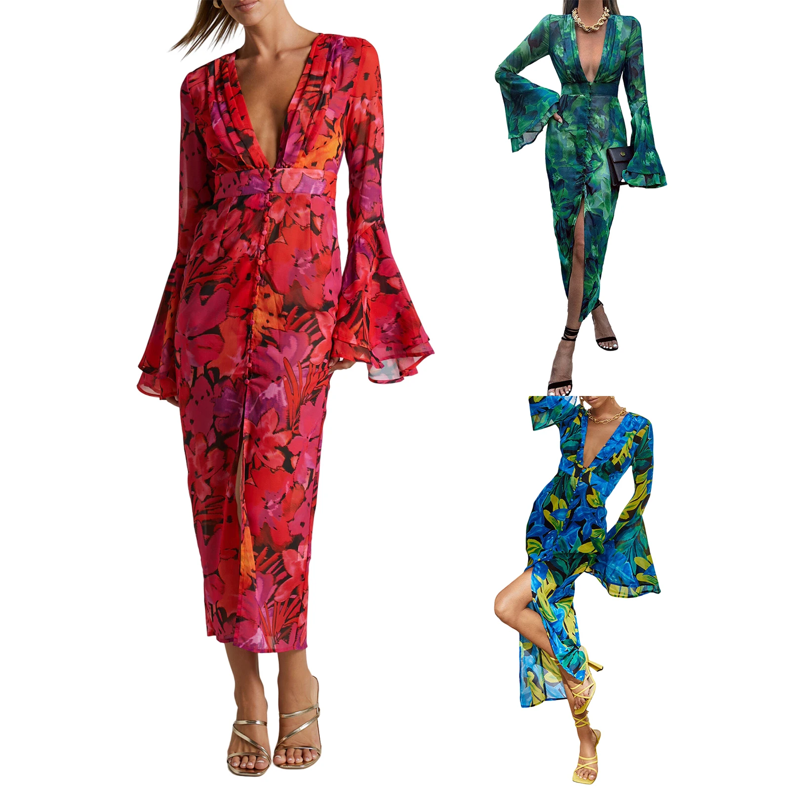 Women Elegant Long Bodycon Dress Fashion Print Deep V-Neck Flare Long Sleeve Buttons Dress High Slit Beach Holiday Skinny Dress
Women Elegant Long Bodycon Dress Fashion Print Deep V-Neck Flare Long Sleeve Buttons Dress High Slit Beach Holiday Skinny Dress
