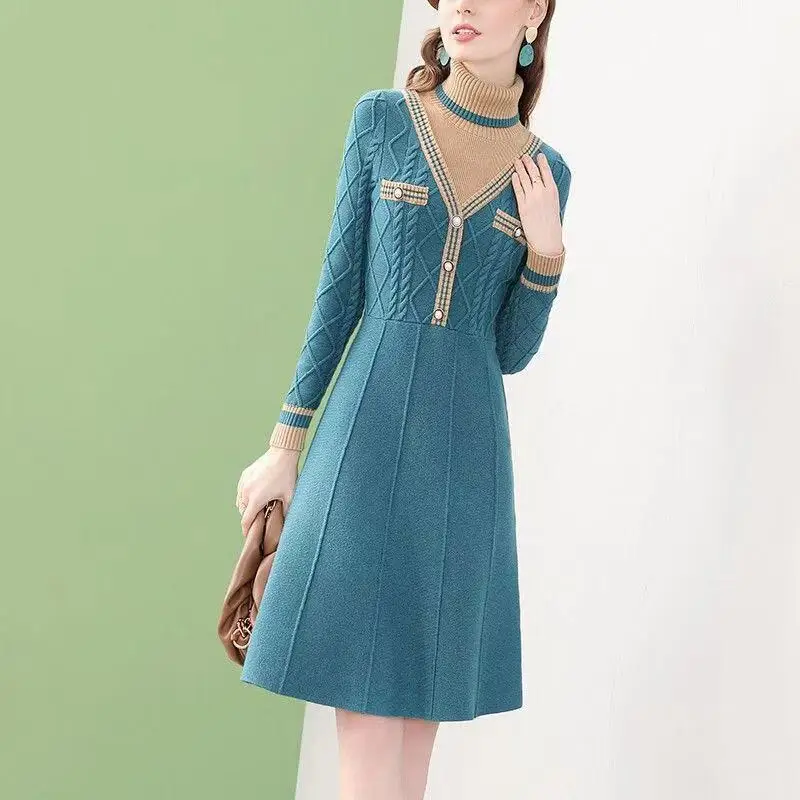 2022 Women's Autumn Winter New Patchwork A-line Vestidos Female Turtleneck Knitted Dress Ladies Long Sleeve Sweater Dresses Q352
2022 Women's Autumn Winter New Patchwork A-line Vestidos Female Turtleneck Knitted Dress Ladies Long Sleeve Sweater Dresses Q352
