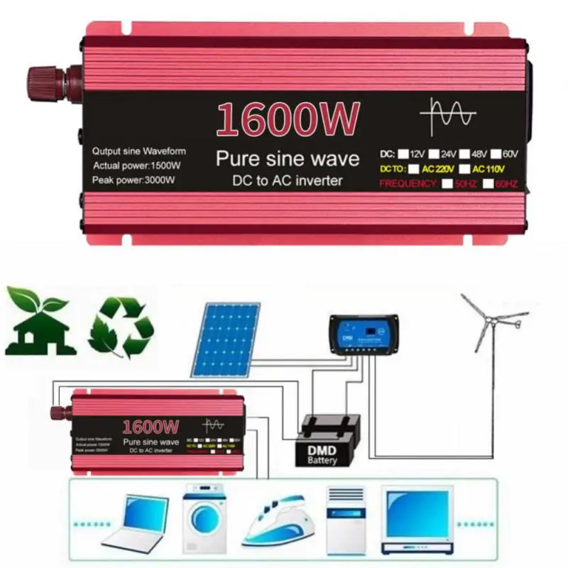 1000W 1600W Pure Sine Wave Inverter DC 12V 24V To AC 220V Voltage Transformer Power Converter Solar Car Power Inverter
1000W 1600W Pure Sine Wave Inverter DC 12V 24V To AC 220V Voltage Transformer Power Converter Solar Car Power Inverter