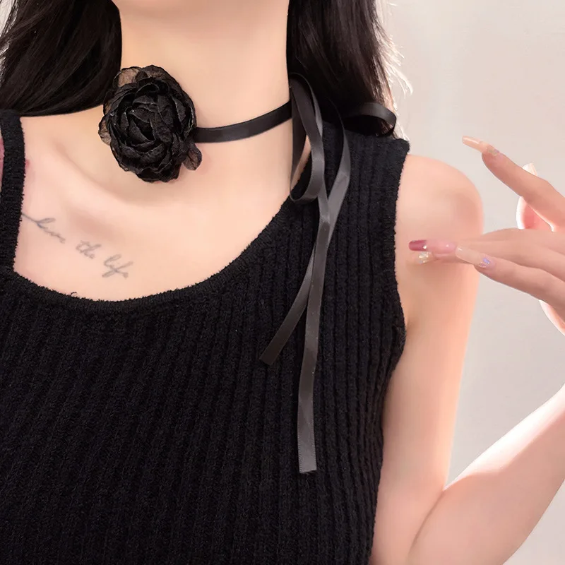 

Vintage Big Flower Lace-Up Necklace For Women Exaggerated Camellia Flower Sexy Neck Band Choker Clavicle Chain Party Jewelry