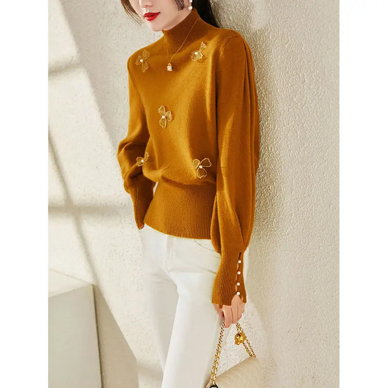 Temperament Lady Design Sense Flower Half High Neck Knitted Top Women 2022 New Spring Solid Sweater
Temperament Lady Design Sense Flower Half High Neck Knitted Top Women 2022 New Spring Solid Sweater