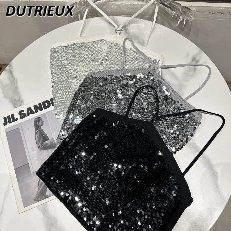 

Hot Girl Nightclub Outer Wear Short Sling 2023 Spring and Summer New Full-Body Sequined Halter Crop Tops Sexy Socialite Camisole