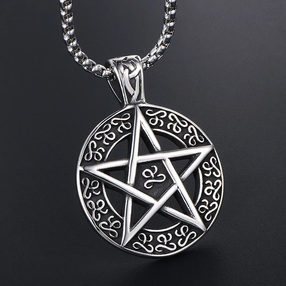 Vintage Satan Pentagram Pendant Necklace Stainless Steel Men Punk Round Biker Vintage Rune Necklace Amulet Jewelry Wholesale
Vintage Satan Pentagram Pendant Necklace Stainless Steel Men Punk Round Biker Vintage Rune Necklace Amulet Jewelry Wholesale