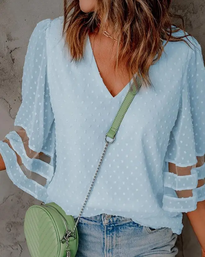 

Women's Casual Bell Sleeve Dot Blouse Contrast Mesh Swiss Design Daily Fashion Top Elegant Temperament Blouses for Summer Women