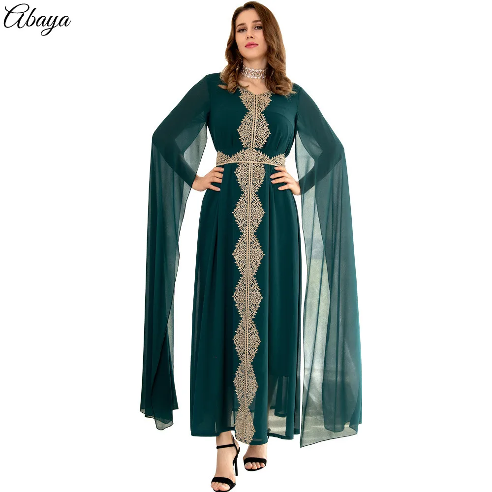 Fashionable Cloak Muslim Dress Woman Lace Applique Chiffon Arab Bat Sleeve Middle East Dubai Abaya Ramadan Robe Femme Musulmane
Fashionable Cloak Muslim Dress Woman Lace Applique Chiffon Arab Bat Sleeve Middle East Dubai Abaya Ramadan Robe Femme Musulmane