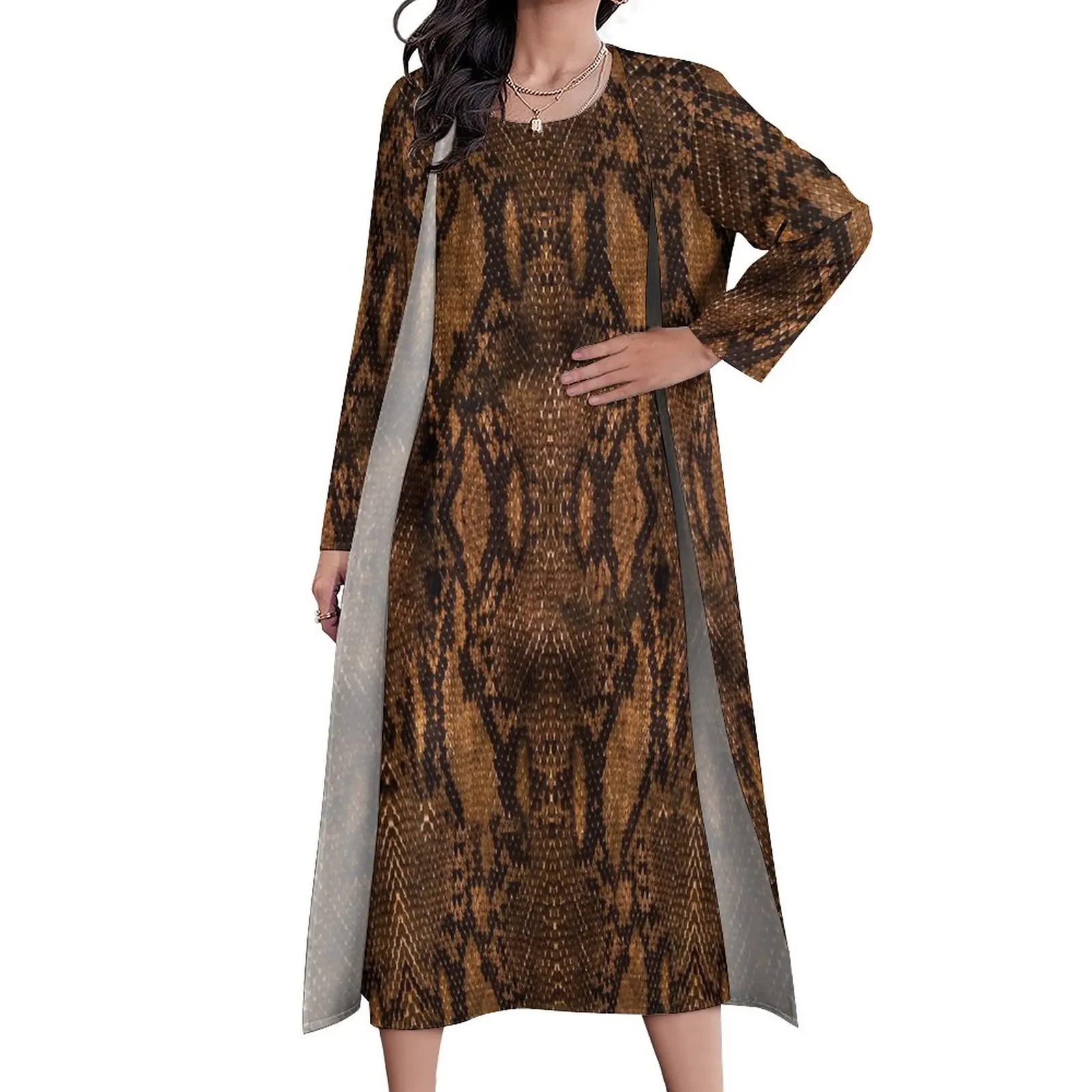 

Brown Snakeskin Dress Animal Print Beach Maxi Dress Long Sleeve Graphic Bohemia Long Dresses Street Fashion Oversize Clothing