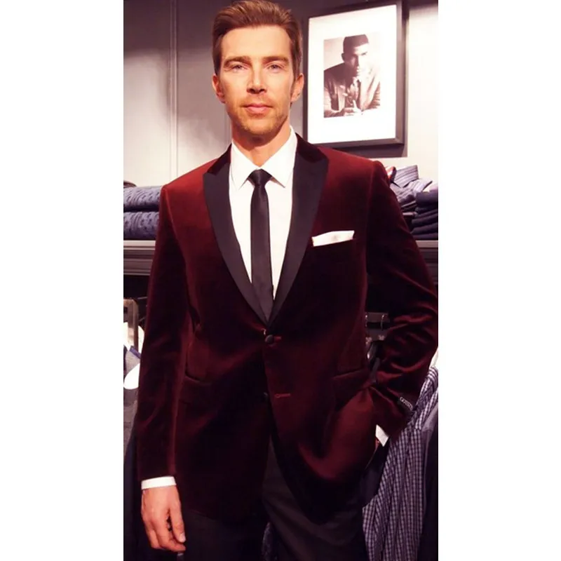 

2022 Terno Masculino Velour Burgundy Peak Lapel Man Suit Groom Tuxedos Velvet Coat Tuxedo Wedding Suits Slim Styles(Jacket+pants