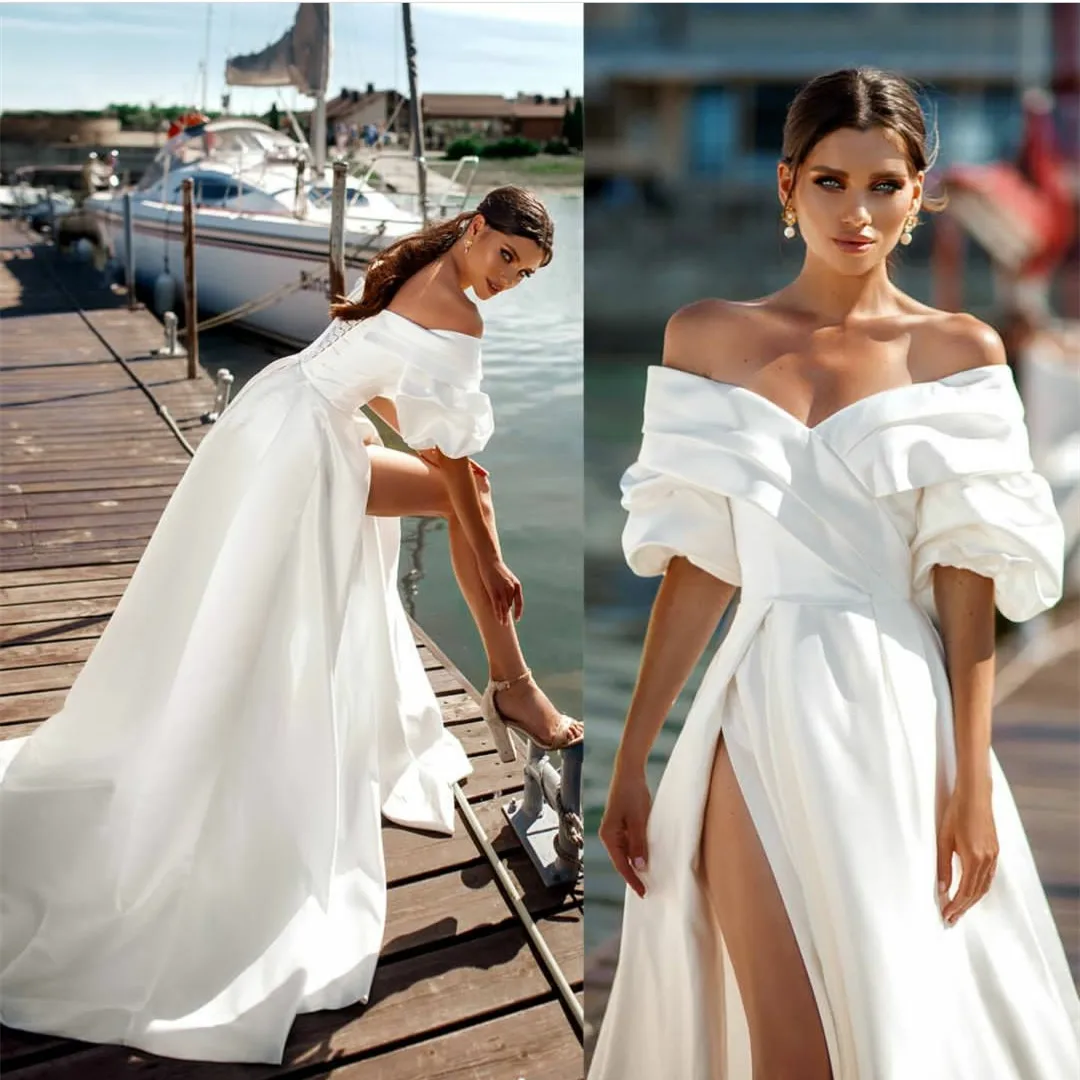 Elegant A-Line Long Off Shoulder Wedding Dresses with Slit Sweep Train Satin V-Back Back Brautkleid Robes de Soirée for Women
Elegant A-Line Long Off Shoulder Wedding Dresses with Slit Sweep Train Satin V-Back Back Brautkleid Robes de Soirée for Women