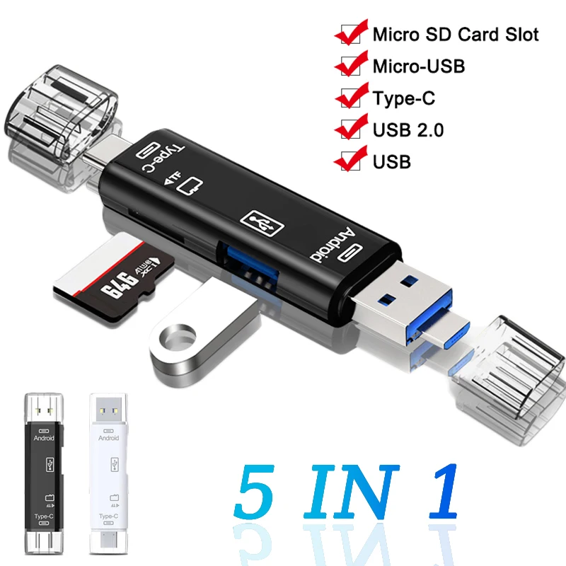 5 In 1 Multifunction USB 2.0 Type C USB Micro USB SD TF Memory Card Reader for Android IPhone Computer Dock OTG Type C Adapter
5 In 1 Multifunction USB 2.0 Type C USB Micro USB SD TF Memory Card Reader for Android IPhone Computer Dock OTG Type C Adapter