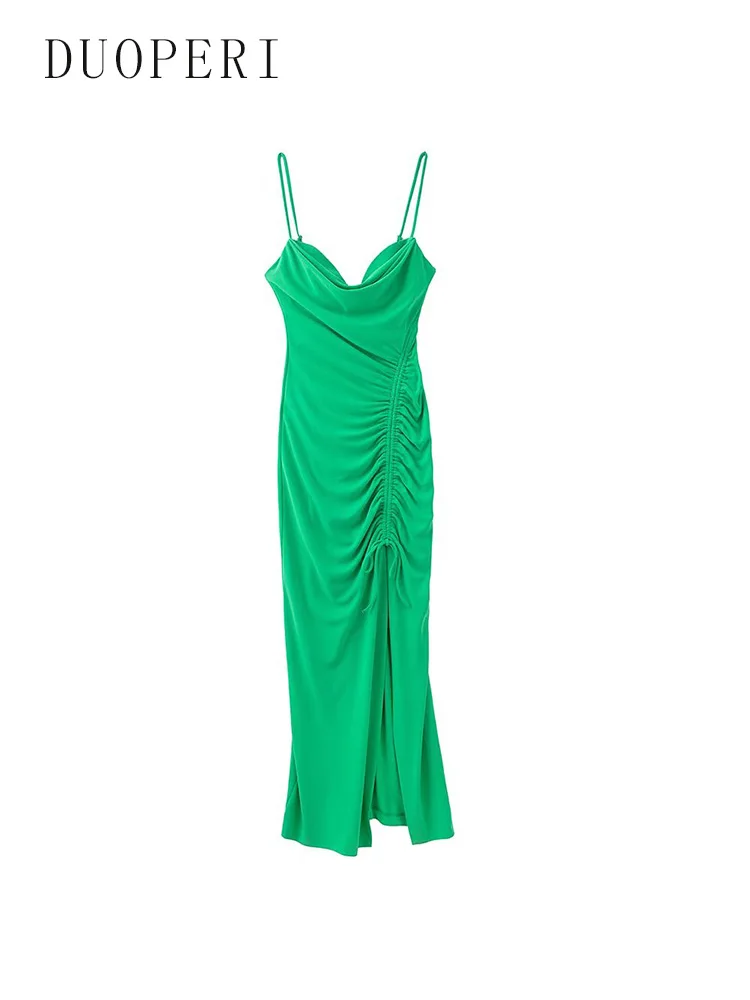 DUOPERI Women Fashion Solid Shirring Side Slit Back Zipper Maxi Dress Vintage Thin Straps Swinging Collar Female Chic Dresses
DUOPERI Women Fashion Solid Shirring Side Slit Back Zipper Maxi Dress Vintage Thin Straps Swinging Collar Female Chic Dresses