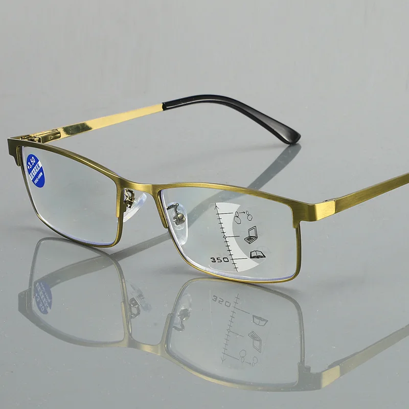

Fashion Gold Metal Frame Progressive Multifocal Reading Glasses Man 2022 Blue Light Blocking Presbyopic Bifocal Gafas De Lectura