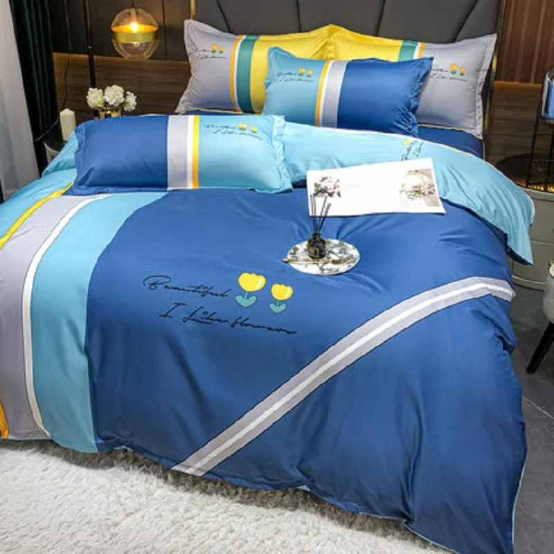 

New Light Luxury Vertical Stripe Ice Four Piece Set Summer Quilt Cover Bed Monofilament Sliding Nordic Style Bedding 4 Sets