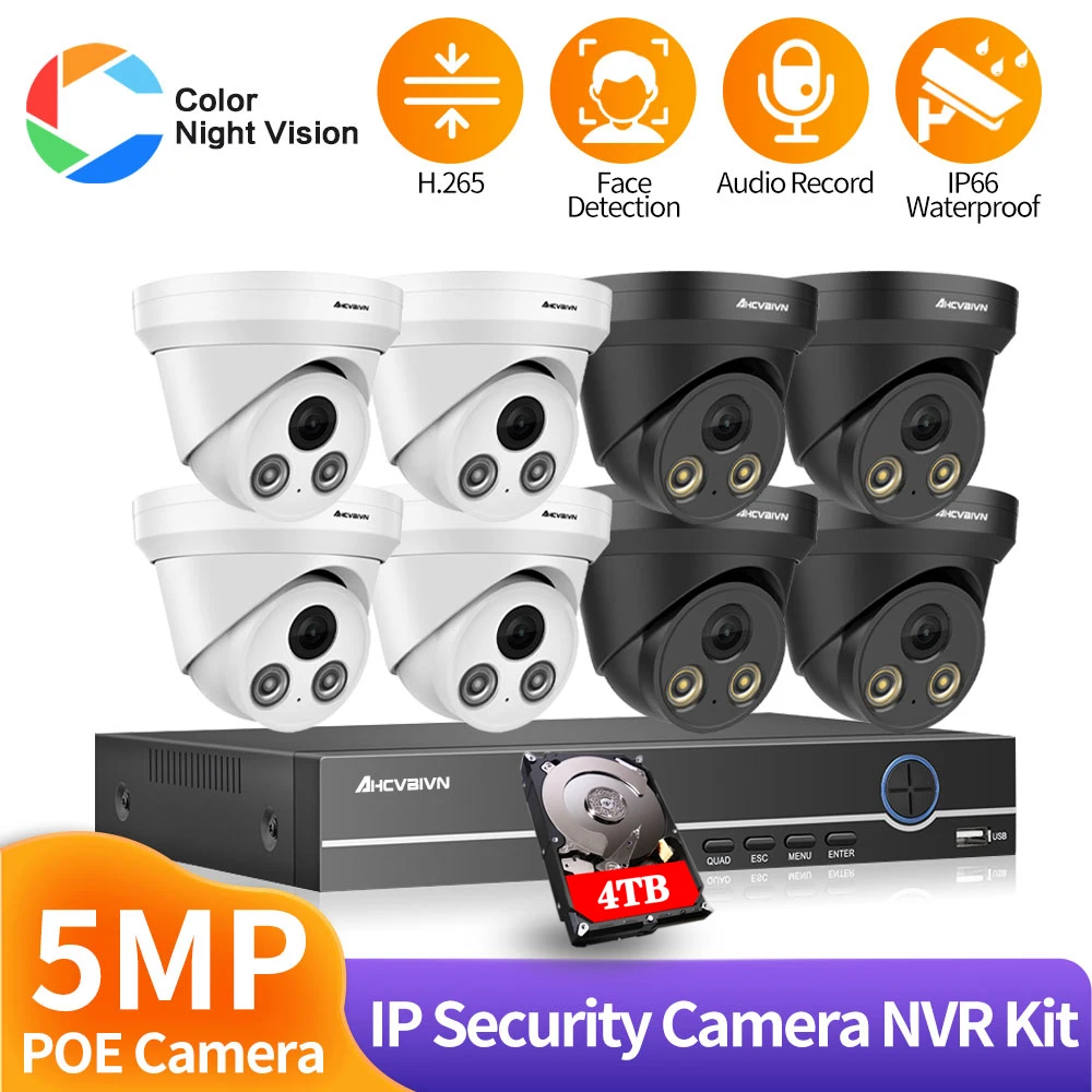 

Камера Наружного видеонаблюдения 5 МП, цветная IP-камера с ночным видением, POE, H.265, 8 каналов, комплект NVR, система видеонаблюдения с записью зв...
