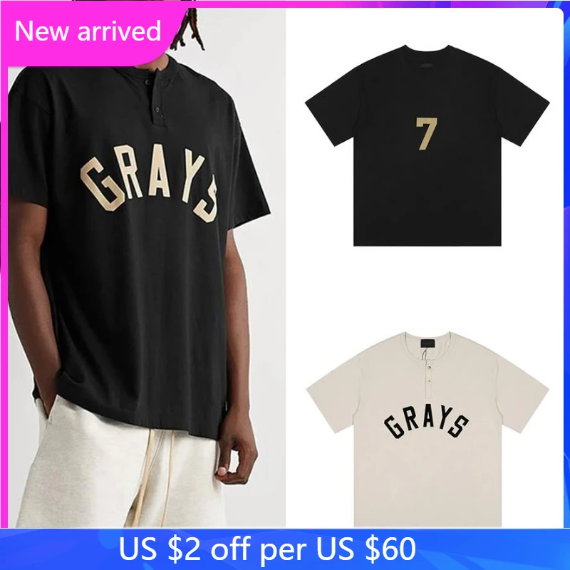 Oversized Essentials Tshirt Season 7 Flocking Letter GRAYS Print Henry Collar Short Sleeve Men Women Essentials T-Shirts
Oversized Essentials Tshirt Season 7 Flocking Letter GRAYS Print Henry Collar Short Sleeve Men Women Essentials T-Shirts