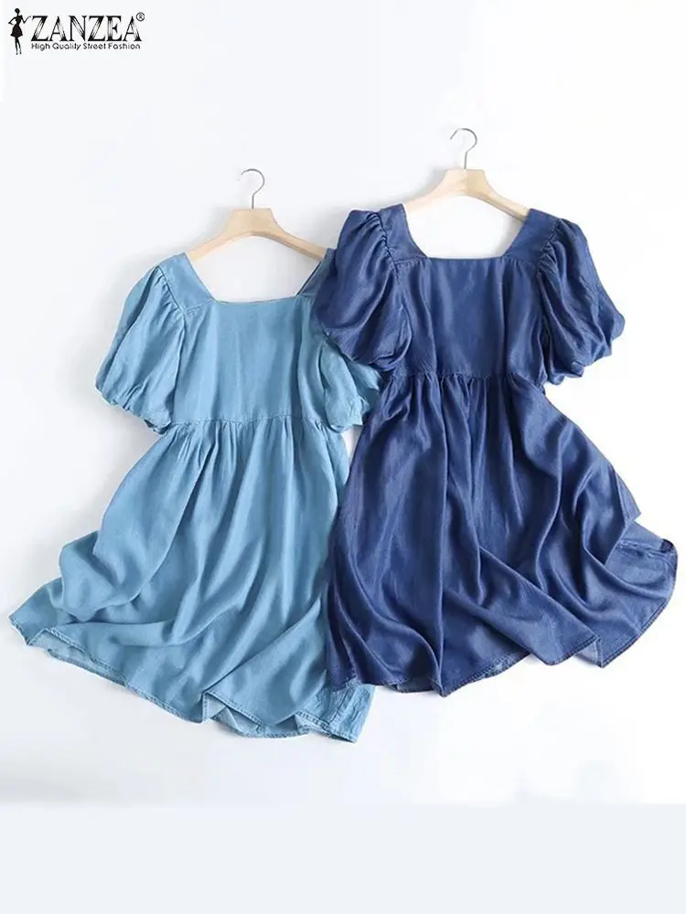 ZANZEA Sweety Solid Color Denim Mini Dress Summer Women Fashion Vestidos Square Neck Puff Sleeve Casual Streetwear Short Robes 
ZANZEA Sweety Solid Color Denim Mini Dress Summer Women Fashion Vestidos Square Neck Puff Sleeve Casual Streetwear Short Robes