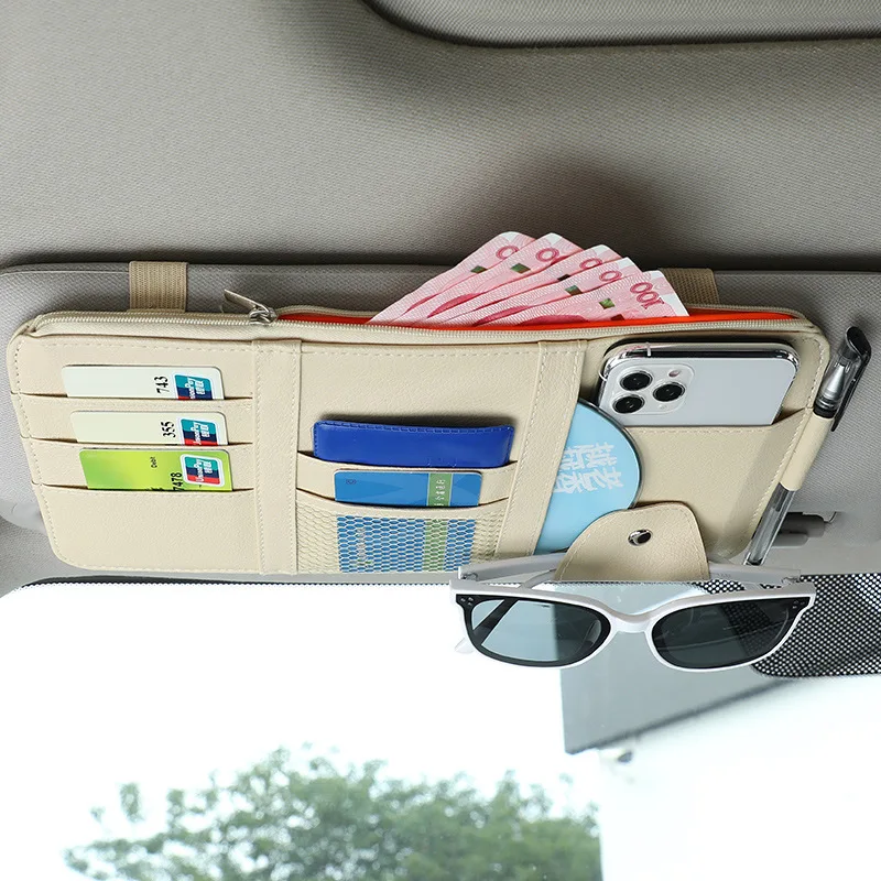 

Автомобильный солнцезащитный козырек, держатель для карт, кожаный карманный органайзер на молнии, коробка для хранения, зажим для солнцезащитных очков, Складывающийся, для поддержания порядка, автомобильные аксессуары
