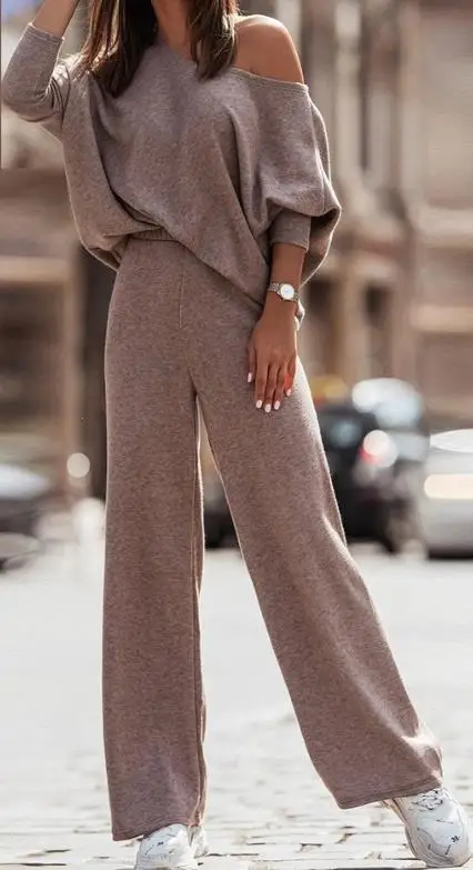 

Two Piece Set Women Outfit 2023 Spring Fashion Plain Skew Neck Long Sleeve Top & Casual High Waist Straight Leg Daily Pants Set