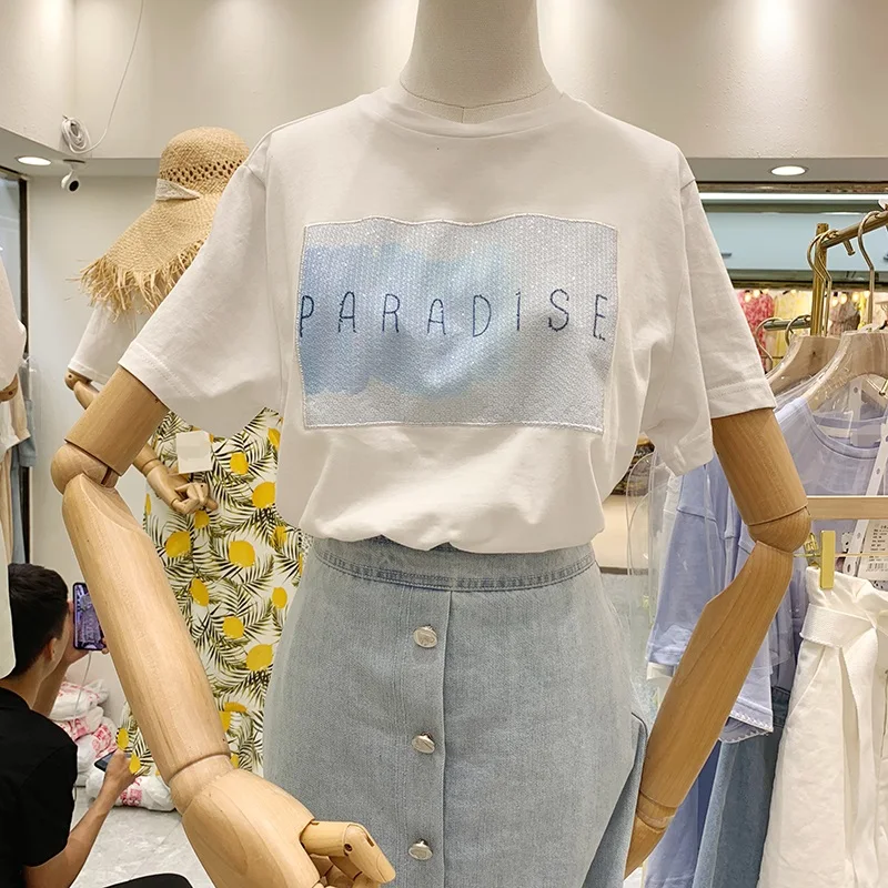 Fashion Creative Sequin Design Women T Shirt Summer Casual Short Sleeve letters white Tops Female loose kawaii t-Shirt cothing
Fashion Creative Sequin Design Women T Shirt Summer Casual Short Sleeve letters white Tops Female loose kawaii t-Shirt cothing