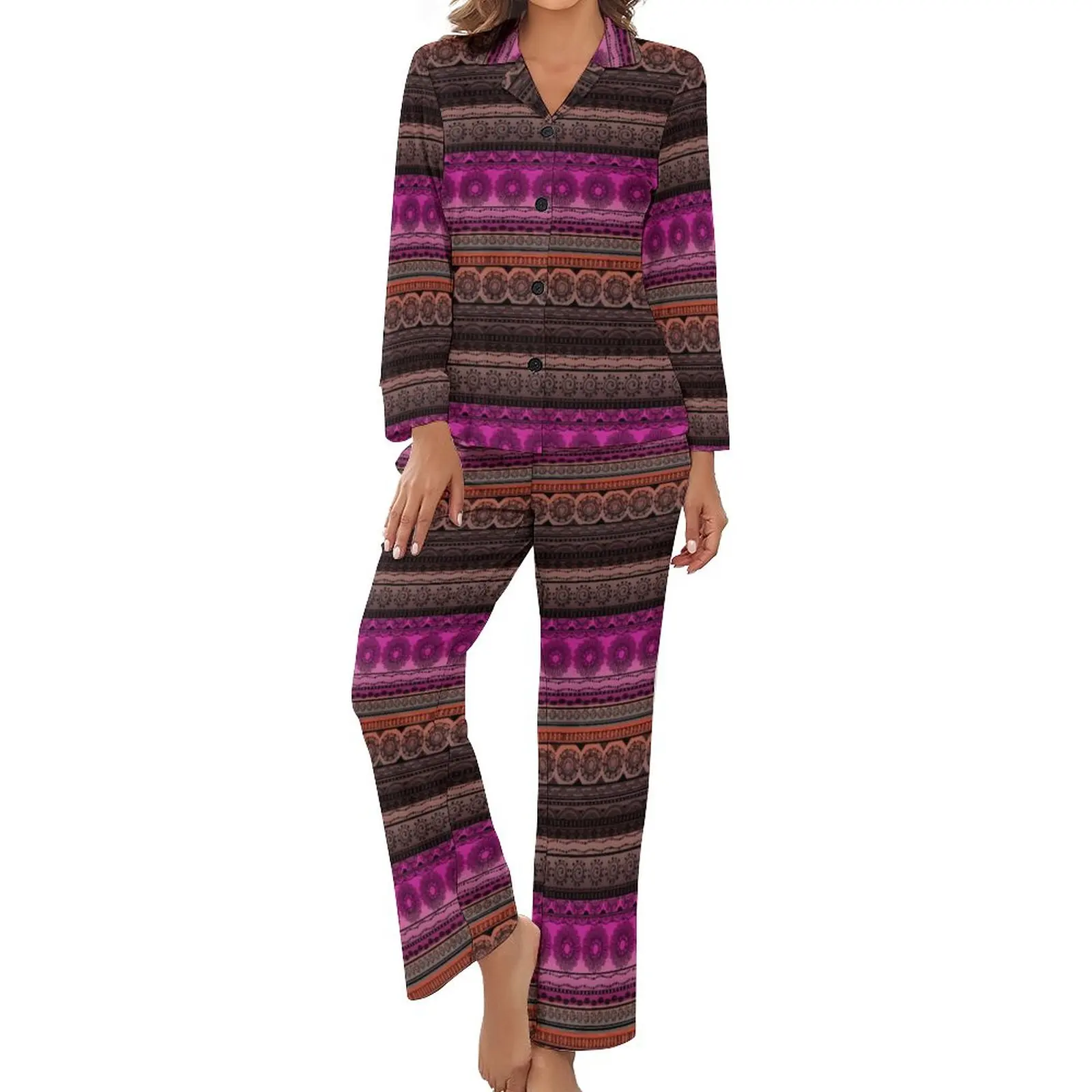 Cute Tribal Print Pajamas Woman Pink Brown Elegant Nightwear Autumn Long Sleeve 2 Piece Room V Neck Design Pajamas Set
Cute Tribal Print Pajamas Woman Pink Brown Elegant Nightwear Autumn Long Sleeve 2 Piece Room V Neck Design Pajamas Set