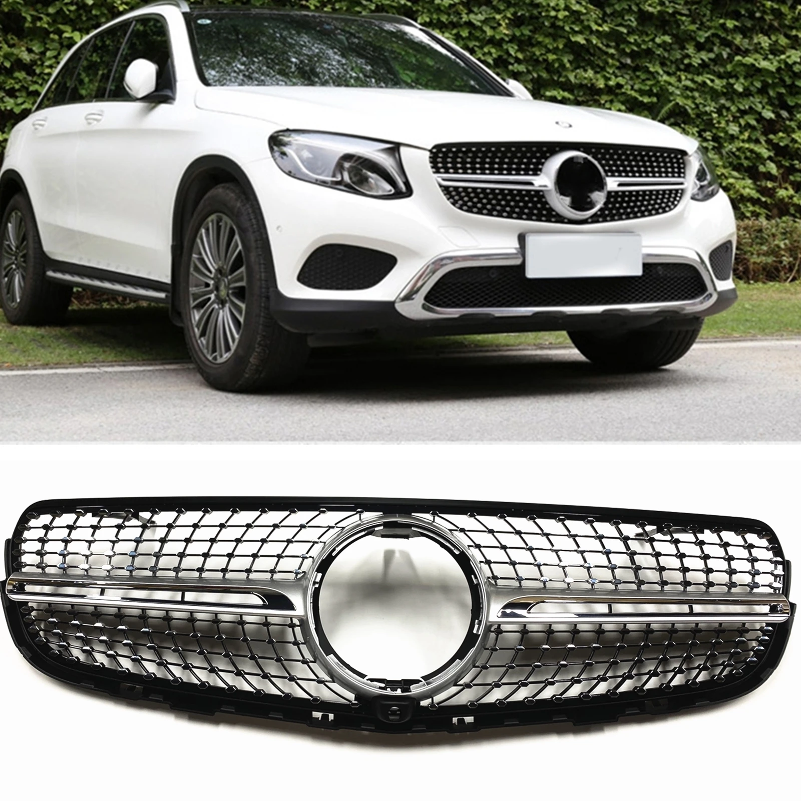 Передняя решетка для Mercedes Benz GLC W253 X253 2015-2019, Алмазный Стиль, серебряный GLC300 GLC350, верхняя зеркальная решетка с отверстием для камеры
Передняя решетка для Mercedes Benz GLC W253 X253 2015-2019, Алмазный Стиль, серебряный GLC300 GLC350, верхняя зеркальная решетка с отверстием для камеры