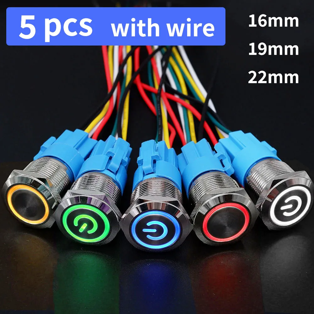 

5 pcs Metal Push Button Switch 12v 16mm 19mm 22mm Ring Lamp Power Symbol Waterproof LED Light Self lock reset with connector 220