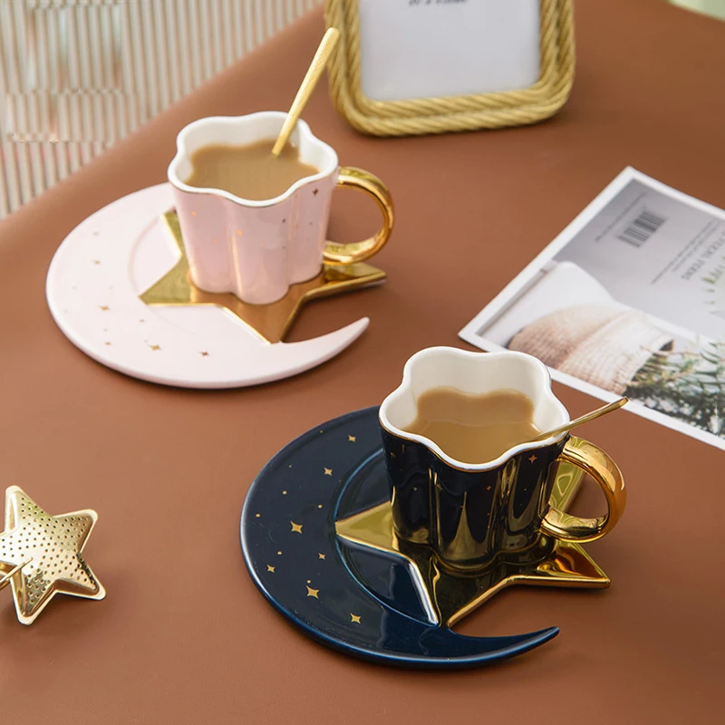 120ml Star Moon Ceramic Coffee Cup And Saucer With Spoon Golden Handle Mug Afternoon Tea Cup Water Mug Ceramic Plate Set
120ml Star Moon Ceramic Coffee Cup And Saucer With Spoon Golden Handle Mug Afternoon Tea Cup Water Mug Ceramic Plate Set