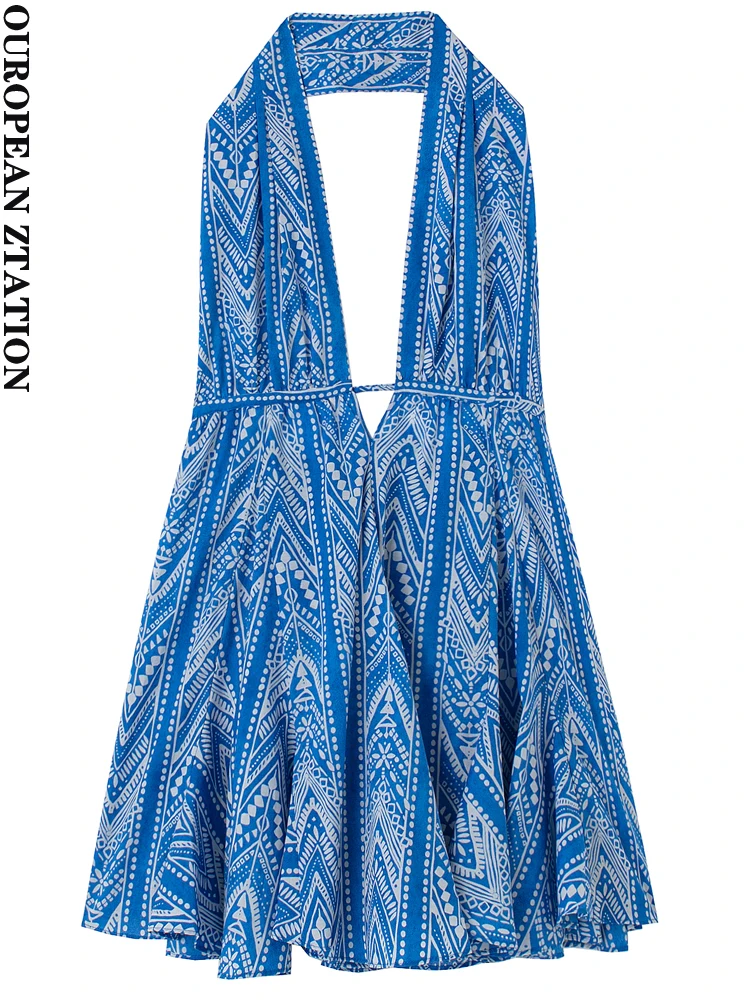 

with tied printed halterneck mini dress vintage backless elastic waist female dresses vestidos mujer