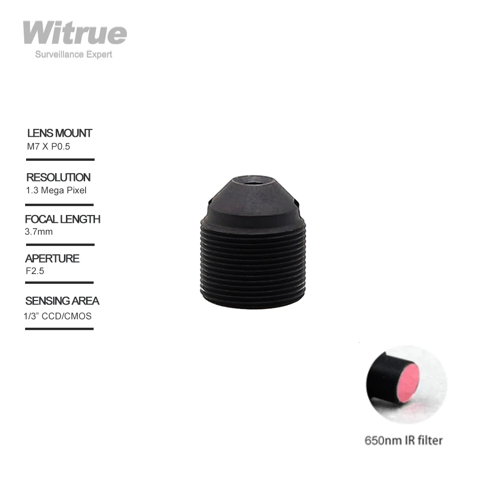 

Witrue Pinhole CCTV Lens 3.7mm M7 X P0.35 Mount 1.3 Megapixel 1/3" Aperture F2.5 with 650nm IR Filter for Mini Cameras