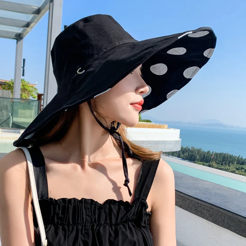 

Korean Hat Women's Summer Big Brim Sun Hat Polka Dot Double-Sided Broad-Brimmed Hat Sun Protection Sun Hat Bucket Hat Wind-Proof