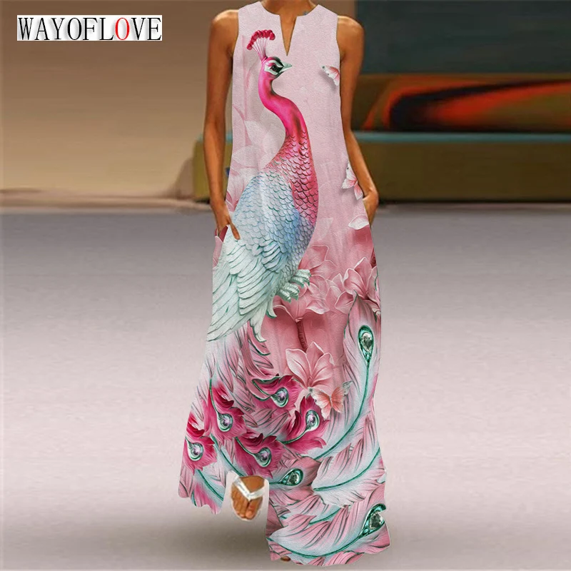 WAYOFLOVE Ladies Spring Summer Pink Long Dress Sleeveless Loose Peacock Printing Elegant Maxi Dresses Casual Beach Women's Dress 
WAYOFLOVE Ladies Spring Summer Pink Long Dress Sleeveless Loose Peacock Printing Elegant Maxi Dresses Casual Beach Women's Dress