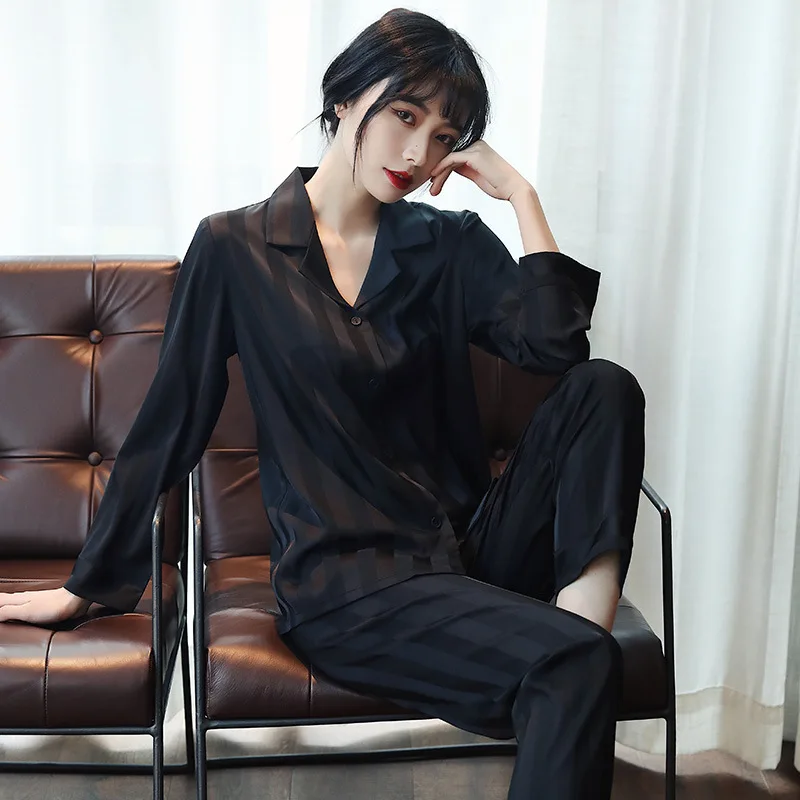 2021 new style pajamas female ice silk sexy long sleeve suit European and American black straight strip
2021 new style pajamas female ice silk sexy long sleeve suit European and American black straight strip