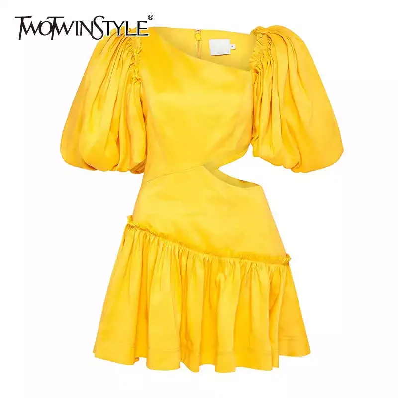 TWOTWINSTYLE Hollow Out Sexy Dress For Women Skew Collar Puff Sleeve High Waist Mini Summer Dresses Female Fashion New Clothes
TWOTWINSTYLE Hollow Out Sexy Dress For Women Skew Collar Puff Sleeve High Waist Mini Summer Dresses Female Fashion New Clothes