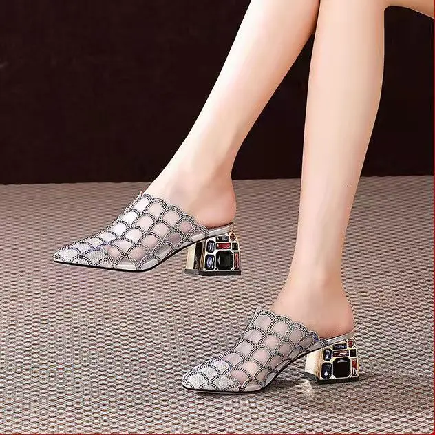 Women Spring Half Slippers Ladies Elegant Bling Rhinestone Mesh Pointed-Toe Thick Heel Mules Slip-On Woman Leisure Shoes To 41
Women Spring Half Slippers Ladies Elegant Bling Rhinestone Mesh Pointed-Toe Thick Heel Mules Slip-On Woman Leisure Shoes To 41