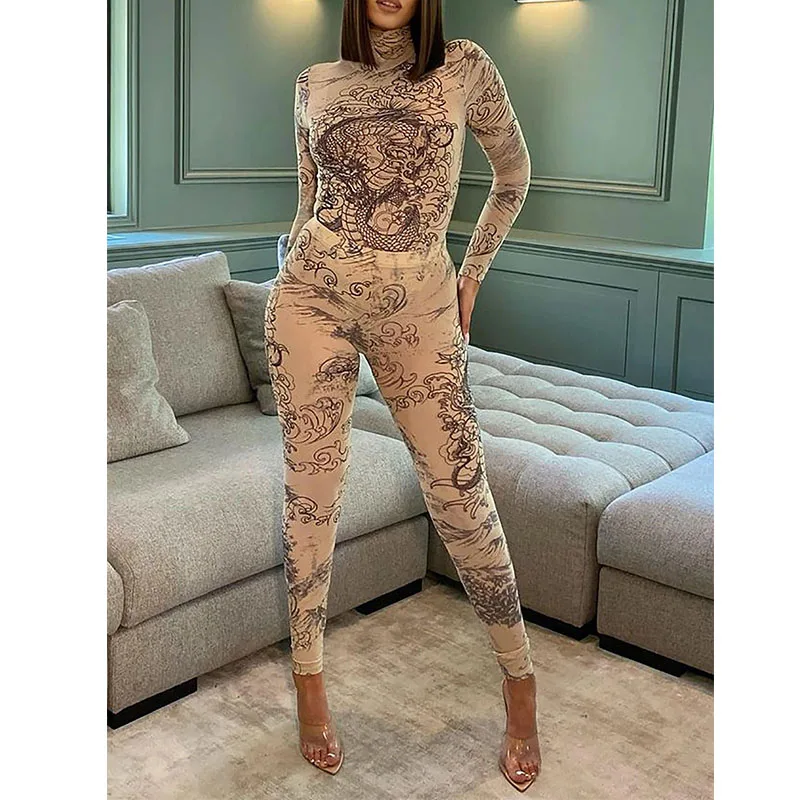 Sexy Oriental Dragon Print Turtleneck Long Sleeve Skinny Bodysuit+high Waist Pants Women Sets Spring Autumn See Through 2pcs Set
Sexy Oriental Dragon Print Turtleneck Long Sleeve Skinny Bodysuit+high Waist Pants Women Sets Spring Autumn See Through 2pcs Set