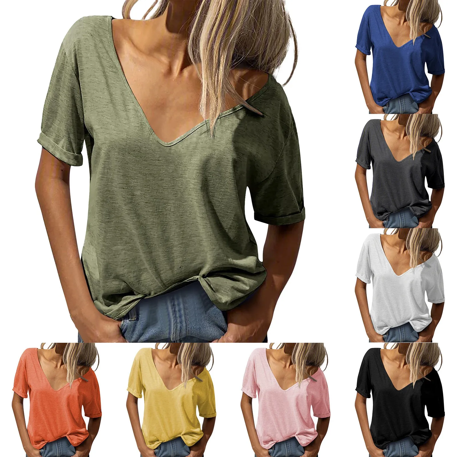 2023 Women T Shirt Solid Color V Neck Short Sleeve Top Summer Tees Loose Top Female Casual Tshirts For Women Daily Outfits 2023 
2023 Women T Shirt Solid Color V Neck Short Sleeve Top Summer Tees Loose Top Female Casual Tshirts For Women Daily Outfits 2023