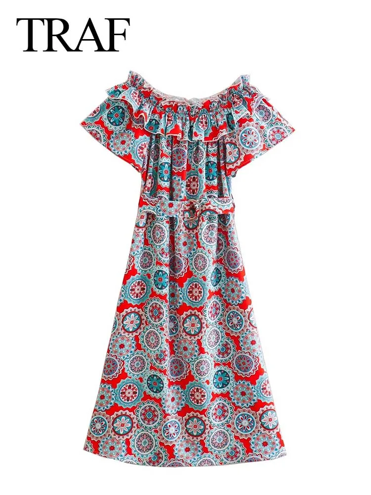 TRAF 2022 Summer Printed Dress Ruffled One-shoulder Short-sleeved Vintage Chinese Style Belted Casual Loose Midi Dress Fashion
TRAF 2022 Summer Printed Dress Ruffled One-shoulder Short-sleeved Vintage Chinese Style Belted Casual Loose Midi Dress Fashion