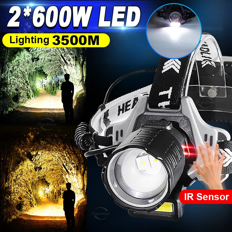 

Super Bright 2*600W High Power LED Headlight Long Shot COB Headlamp IR Sensor Rechargeable Head Flashlights Camping Head Lantern