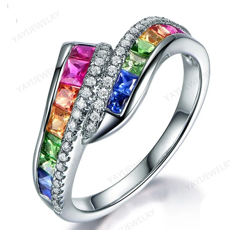 

Princess 925 silver cut Ruby Emerald & Sapphire & Topaz & Ruby Multicolor Natural Gemstone Engagement Bride Ring Jewelry