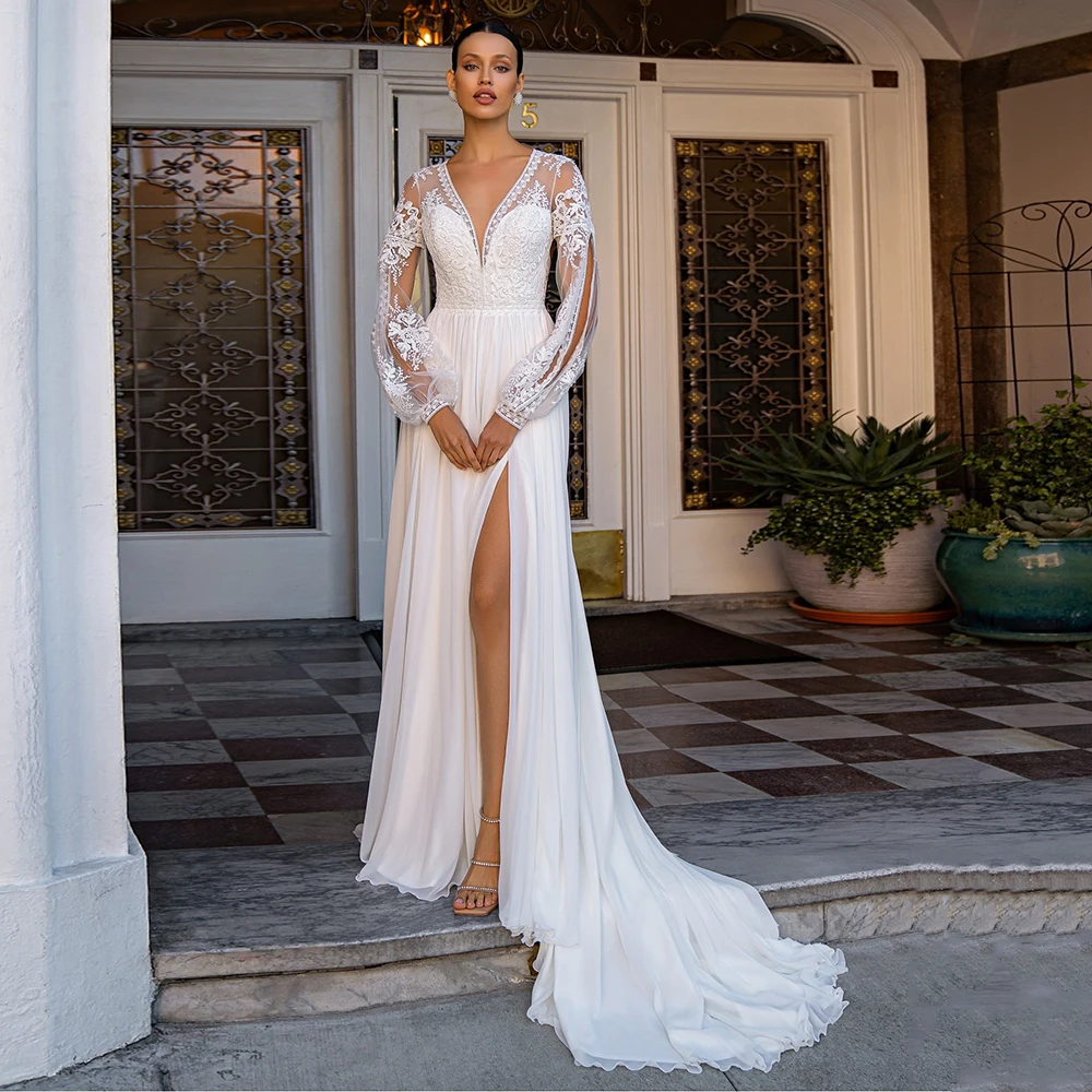 Romantic V-neck Boho Wedding Dress with Slit Chiffon Beach Bridal Gowns Lace Long Sleeves Bride Dress Open Back 2023
Romantic V-neck Boho Wedding Dress with Slit Chiffon Beach Bridal Gowns Lace Long Sleeves Bride Dress Open Back 2023